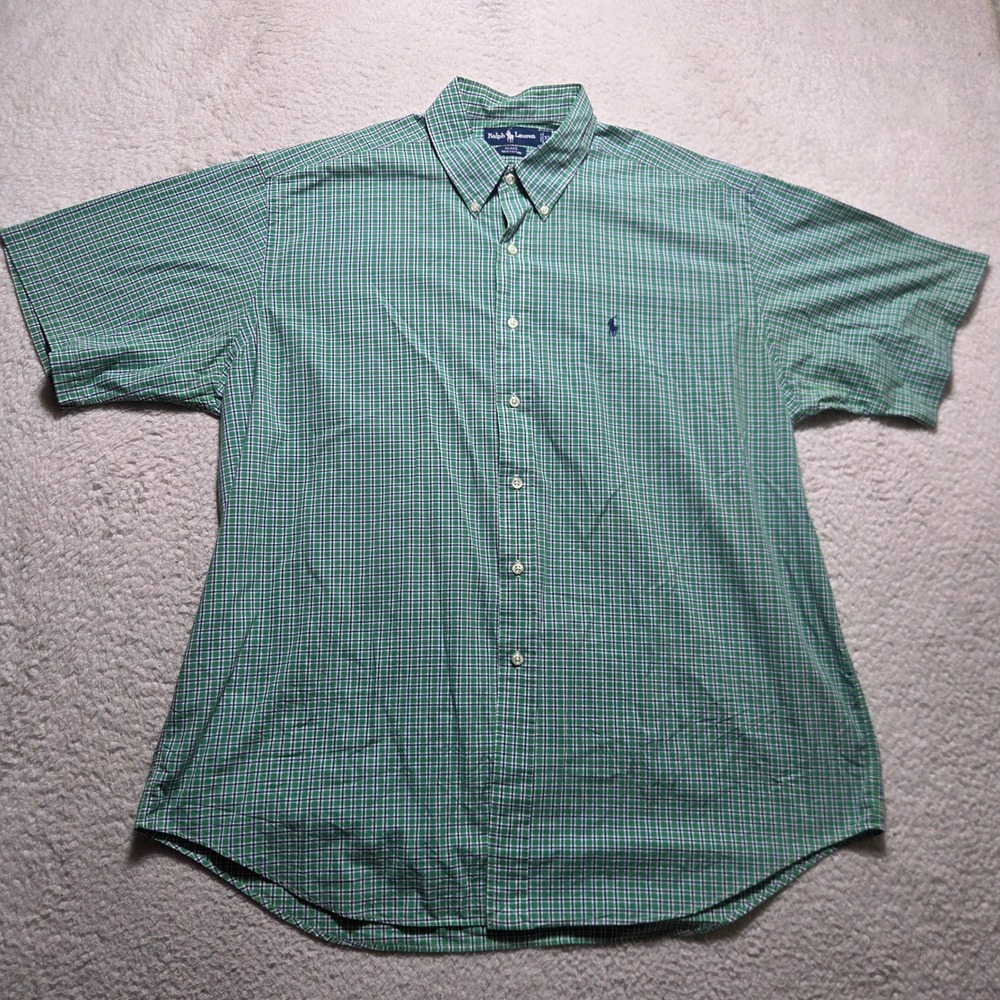 Vintage Ralph Lauren Button Down Mens XL Green Plaid Blake Cotton Short Sleeve